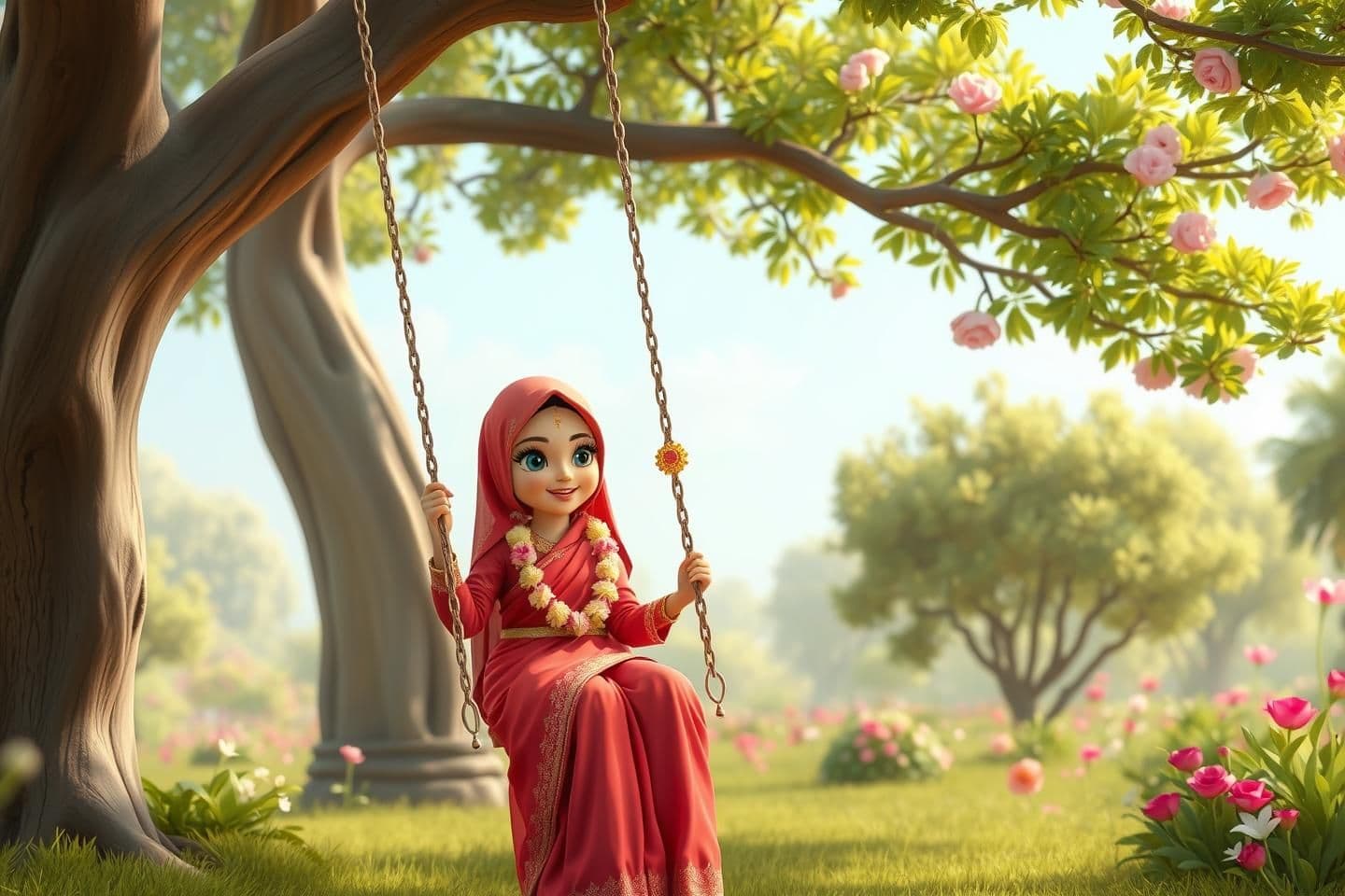 AI generated: IMPORTANT: Generate with all text in BN script only. In the middle of a beautiful garden, where a 3D style girl is swinging under a huge tree. She is a Muslim woman, she does not h
