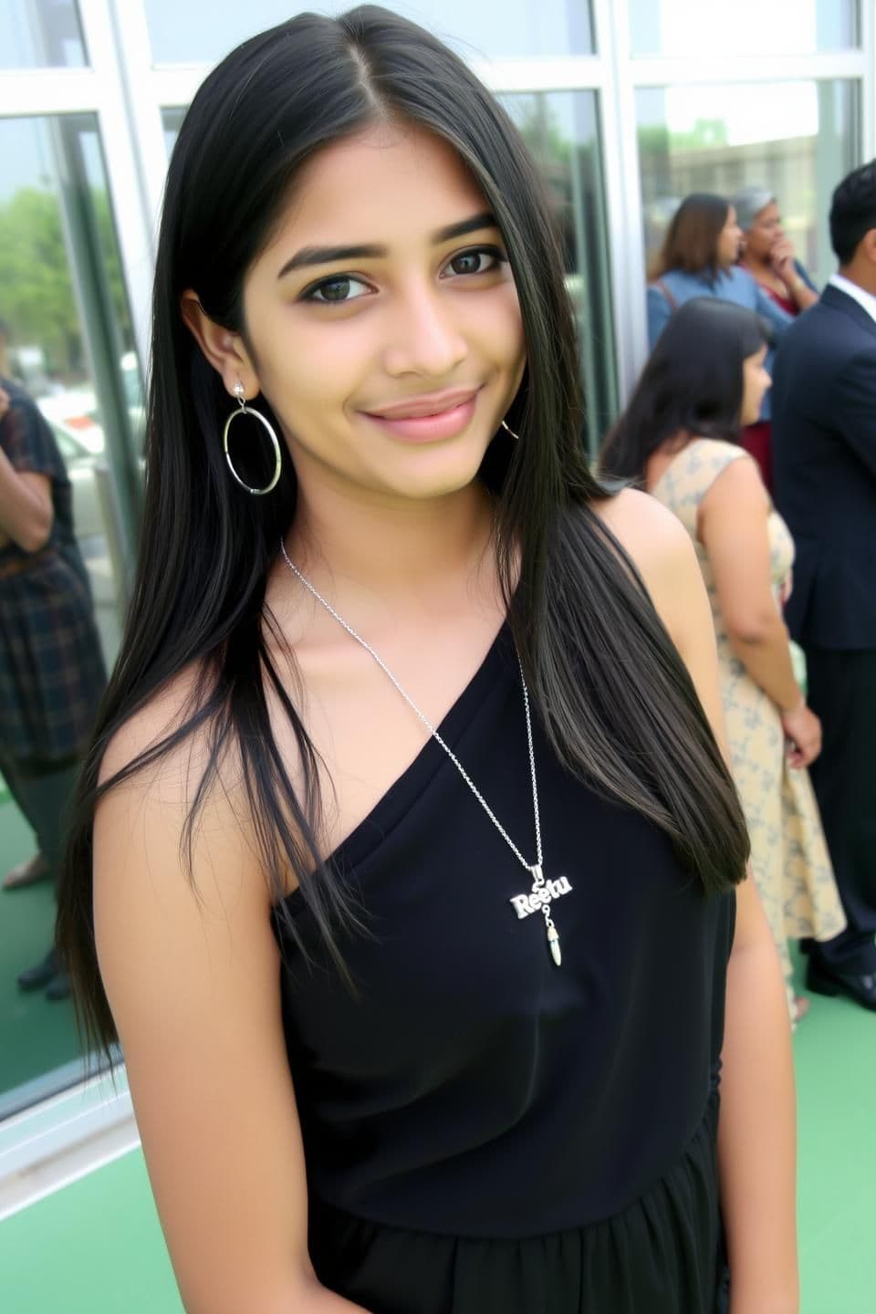 AI generated: A young Indian woman, likely in her early fourteens , is the main subject. She is wearing large silver earrings. Her dark hair is long and straight. She has fair skin, and a subtle