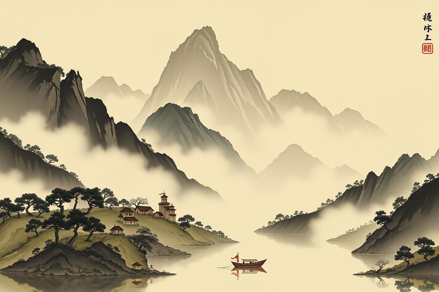 AI generated: Prompt: "Ancient 12th–14th century style landscape painting. A tall mountain rises sharply with layered cliffs, mist covering the lower valleys, and scattered old trees growing alo