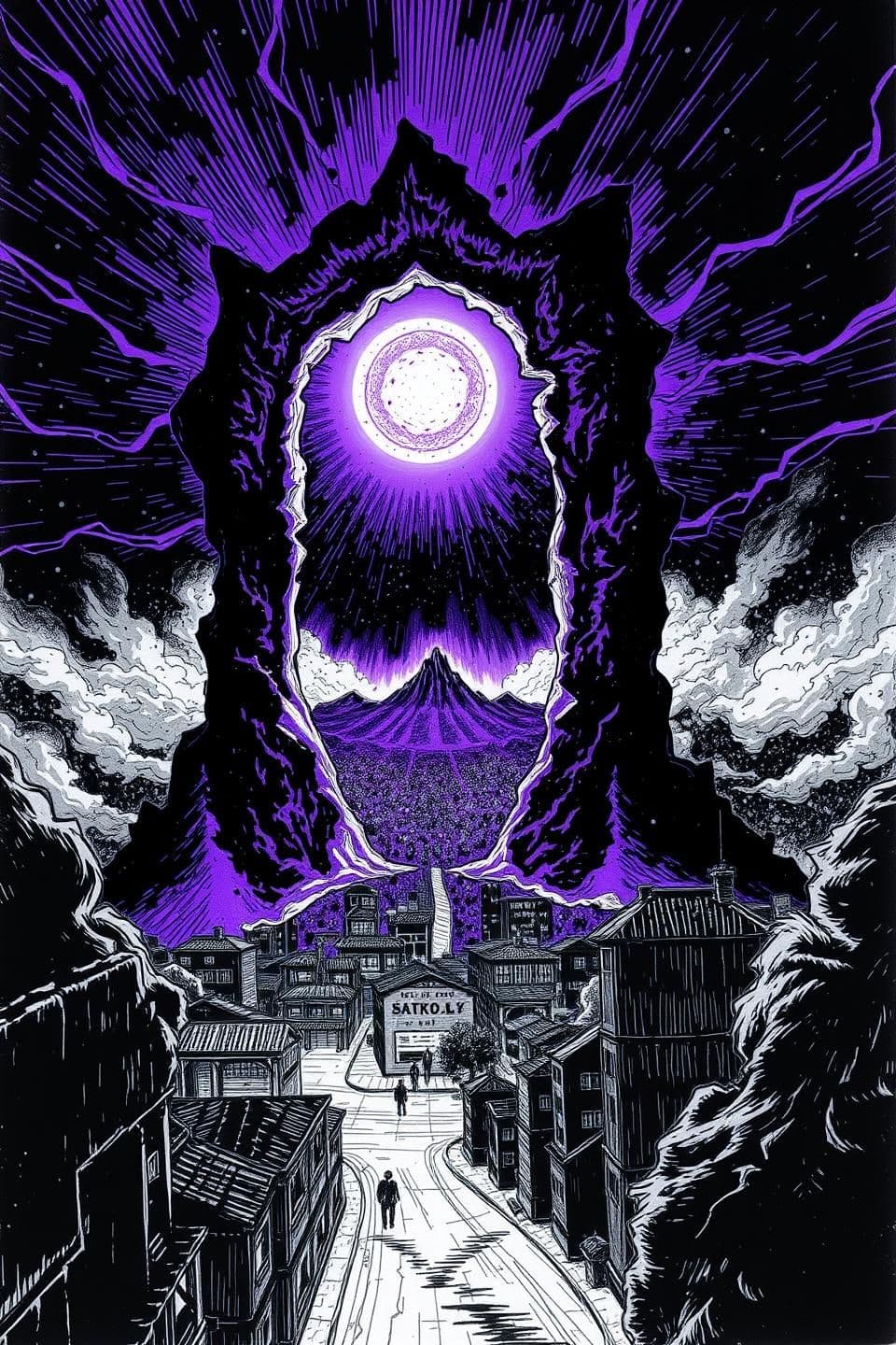 AI generated: P1.1 (Wide, Perspective Shot) 1. Focal Point: Ek vishaal, purple-black energy portal aakash mein. Iske edges jagged aur unstable hain (rough, textured pen strokes). 2. Lighting: Po