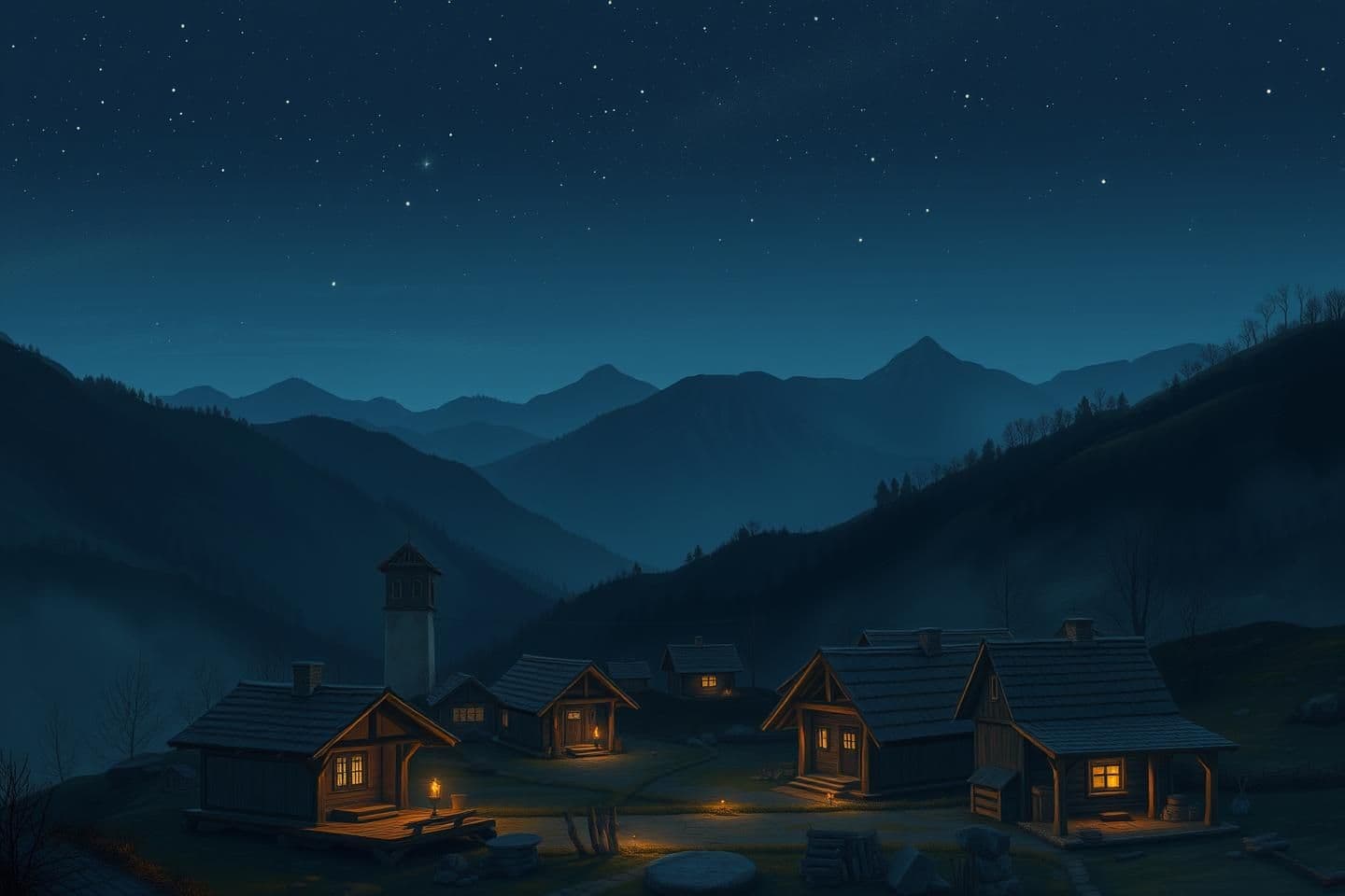 AI generated: A peaceful mountain village at night during a blackout, only small candlelights glowing softly inside a few huts, surrounded by hills and stars above, cinematic wide shot, Arcane-i