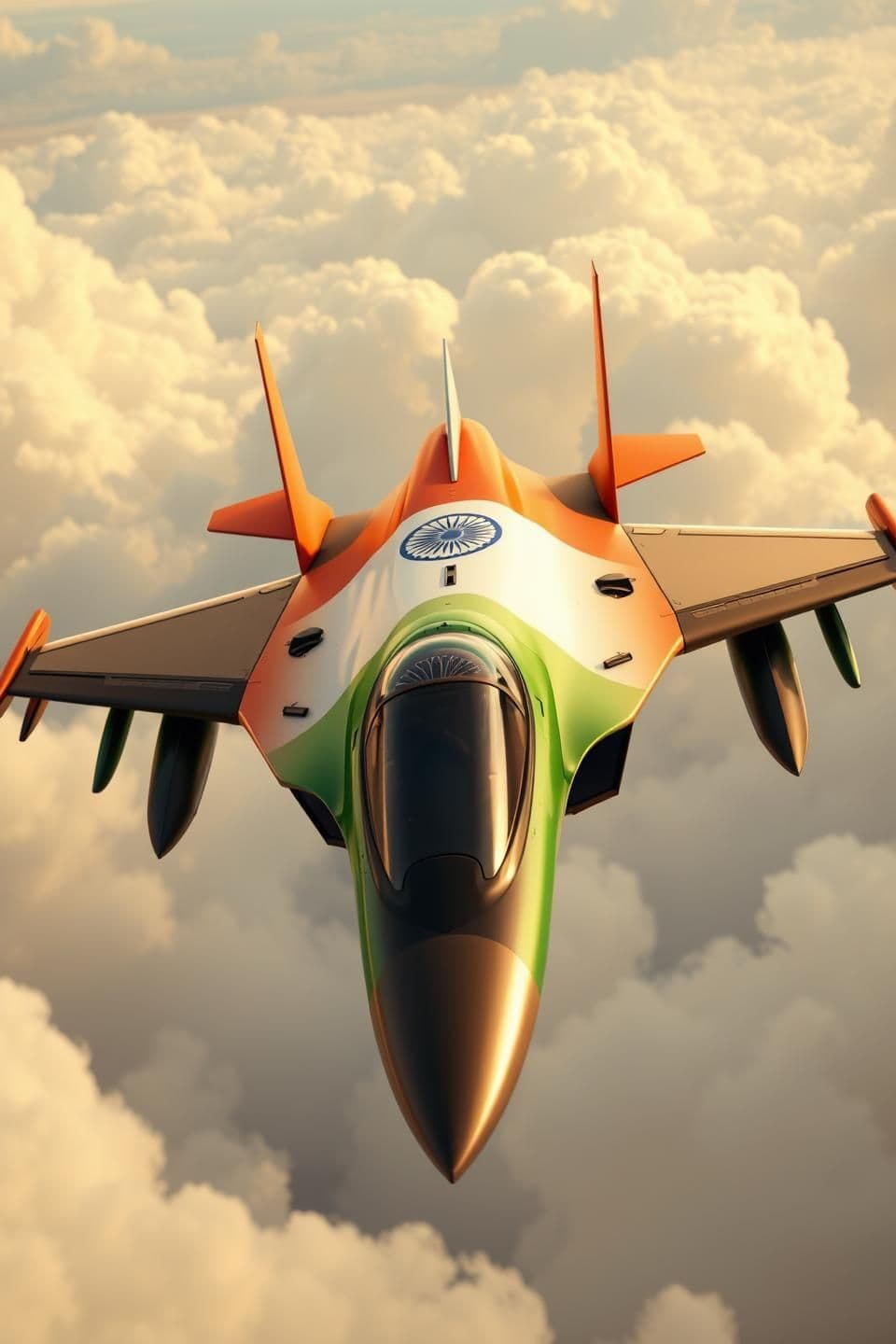AI generated: 3D cartoon Indian-style animation, Pixar + Indian mythology vibe, high quality, soft cinematic lighting, kid-friendly but powerful look, modern fighter jet painted only in Indian f