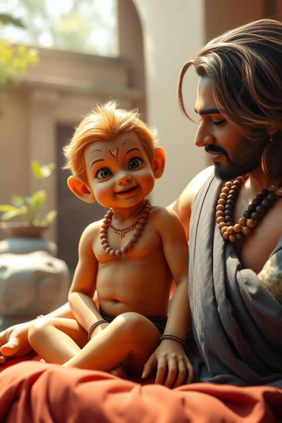 AI generated: “Baby Hanuman sitting in Kesari’s lap in the courtyard, realistic divine appearance, soft golden skin tone with subtle baby fur texture, expressive shining eyes, gentle smile, Kesa