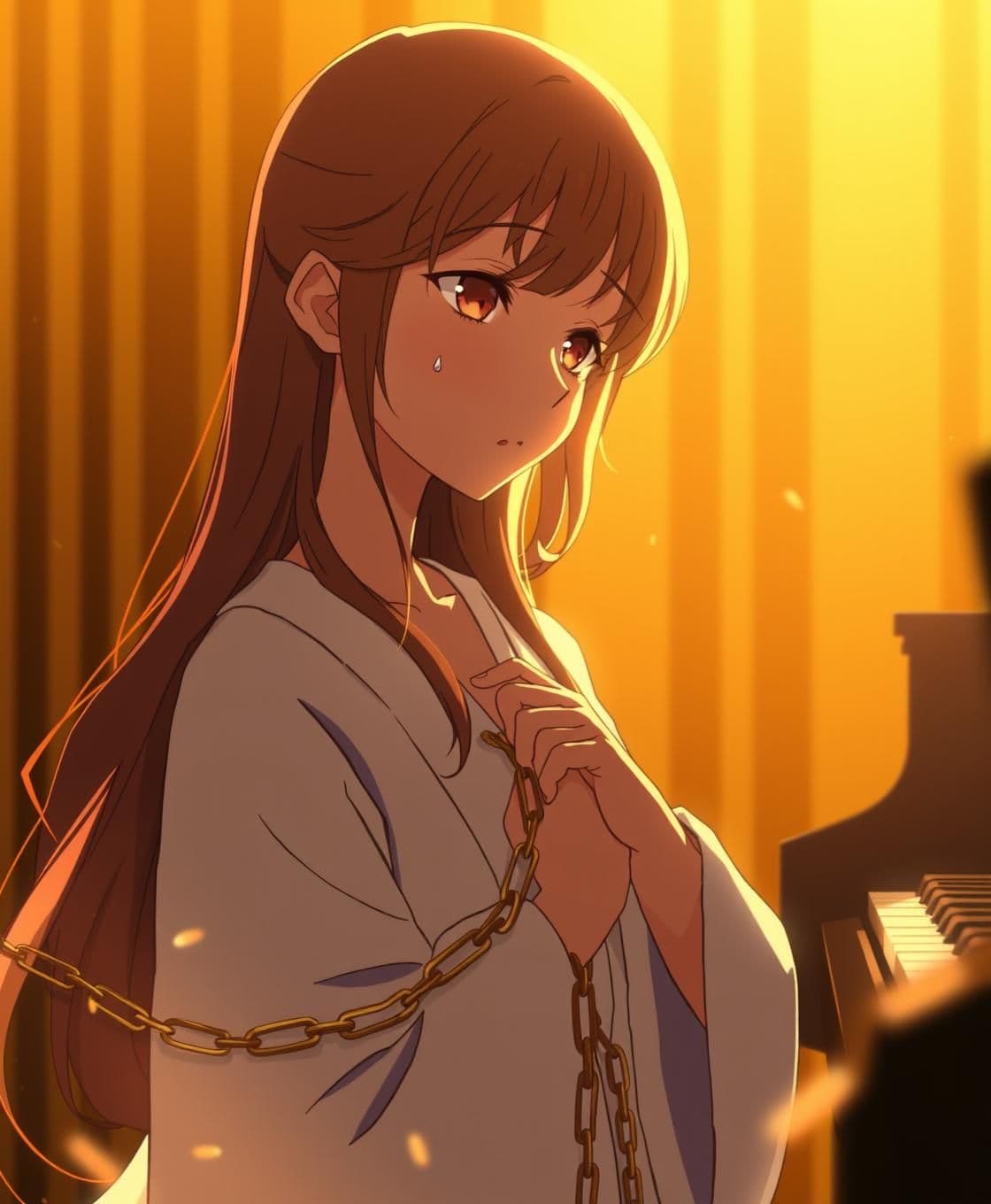AI generated:
## 🎬 “Break Its Laws” — Anime Visual Prompt Pack
### 🖼️ Frame 1 – Opening Scene (0:00–0:07)
> *A soft golden stage under dim piano lighting. A young woman with long hair, tan