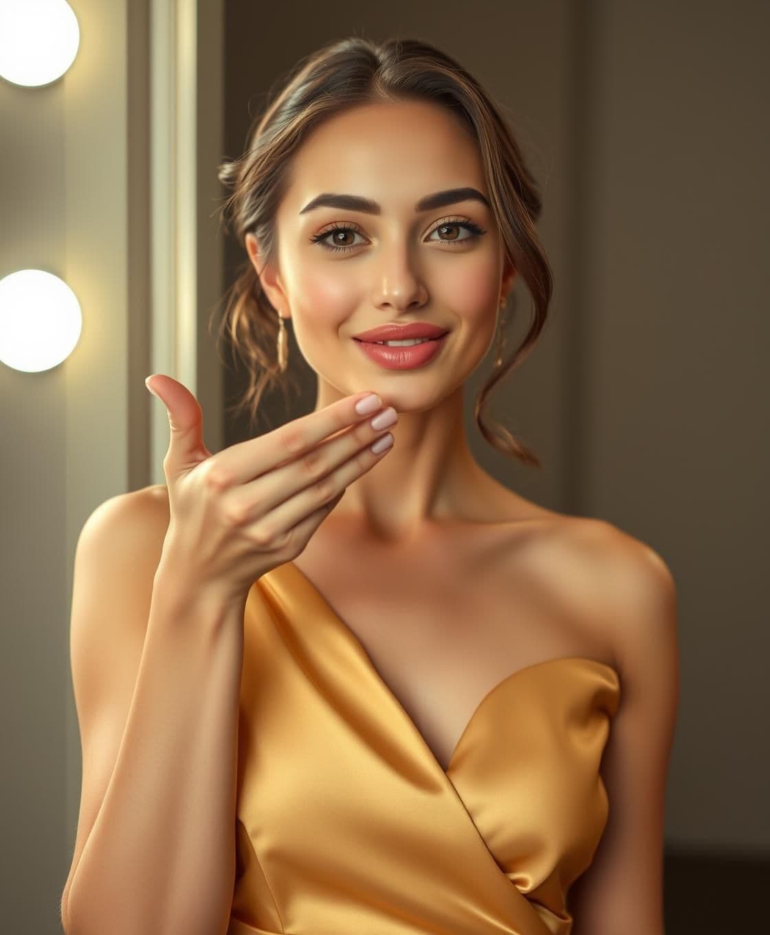 AI generated: A beautiful young woman in an elegant golden satin dress stands confidently in a softly lit backstage dressing room. She looks directly into the camera with a warm, charming smile.