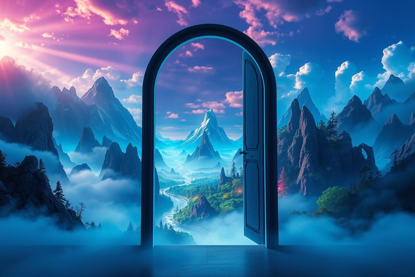 AI generated: A breathtaking fantasy dream world seen through a half-open glowing blue door, floating mountains in the sky, neon forests, shining rivers, vibrant magical colors, soft godrays com