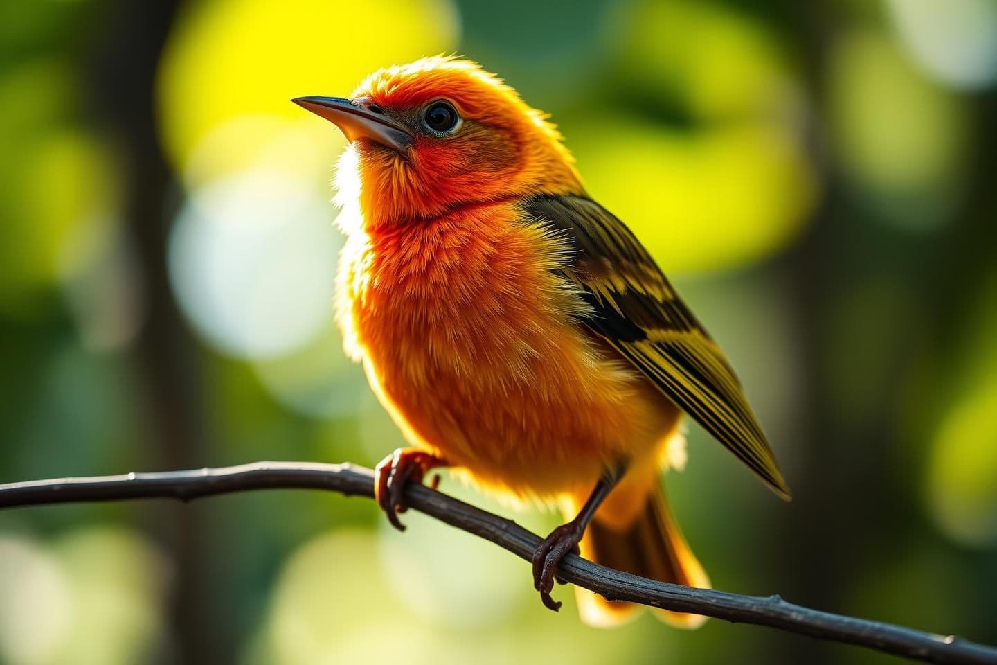 AI generated: A hyper-realistic close-up portrait of a vibrant summer tanager sitting on a thin branch in warm sunlight. The bird has bright yellow and fiery red-orange feathers with detailed te