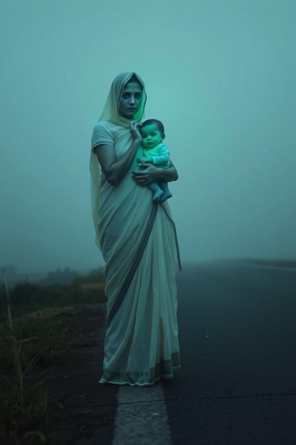AI generated: a ghostly woman in a flowing white sari standing on the foggy roadside, cradling a small child in her arms, both with unnaturally pale skin and hollow eyes, thumb out hitchhiking,