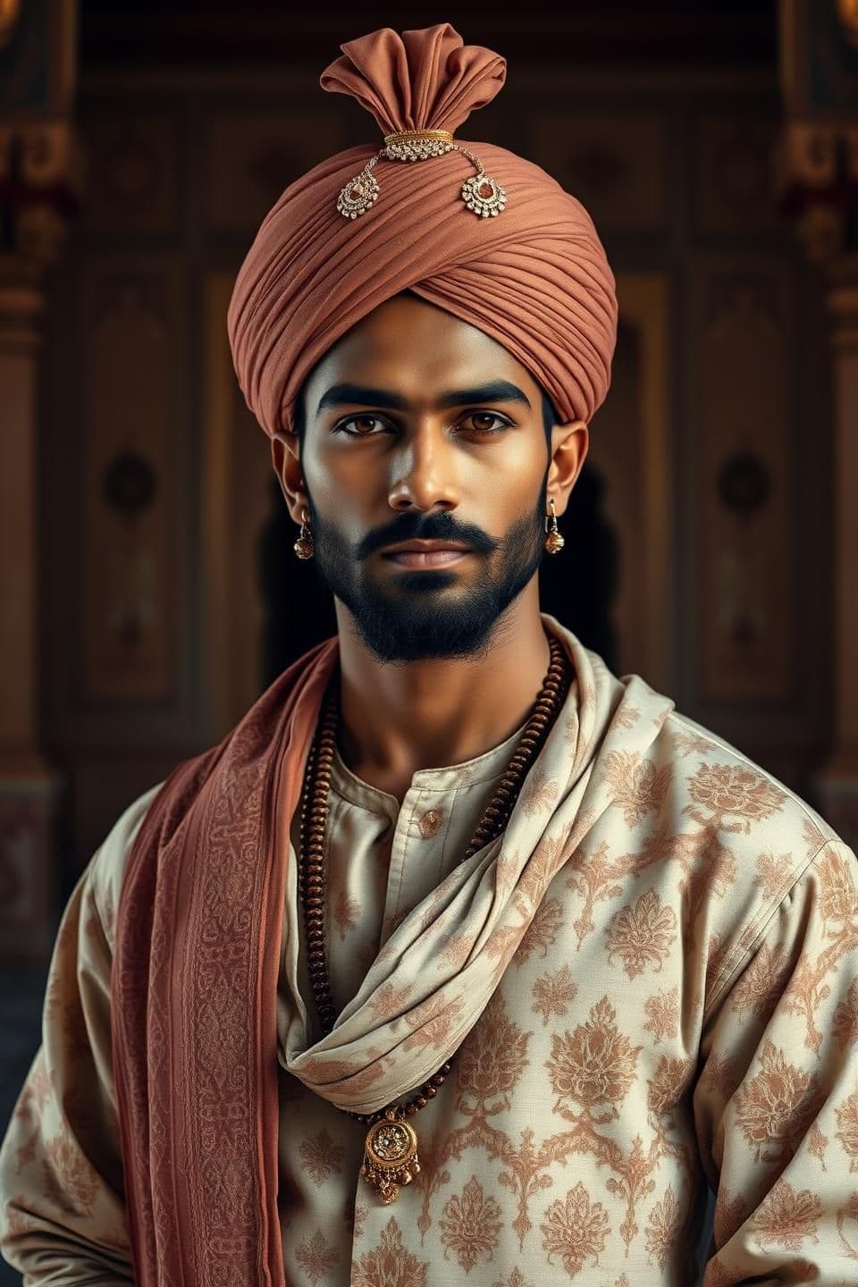 AI generated: An Indian Rajput prince wearing luxurious handwoven cotton fabric, detailed cotton angarkha with intricate block-print patterns, soft earthy tones, traditional turban with minimal