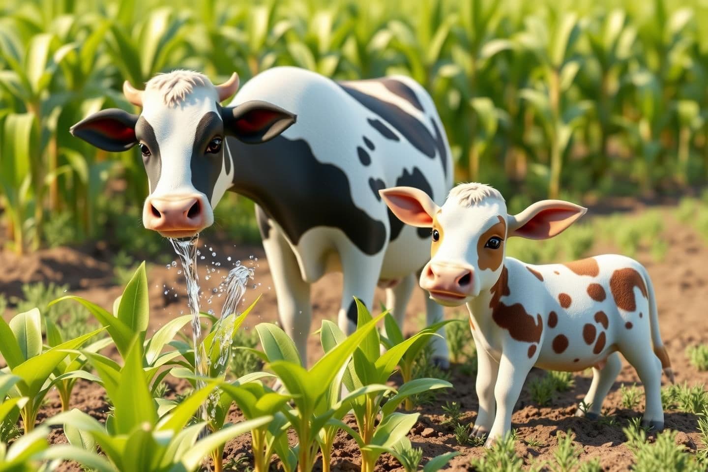 AI generated: "The same cow and calf watering young corn plants in the field. Water splashes gently around them. Cow is patient, calf is excited. Same 3D animated characters, bright daylight, re