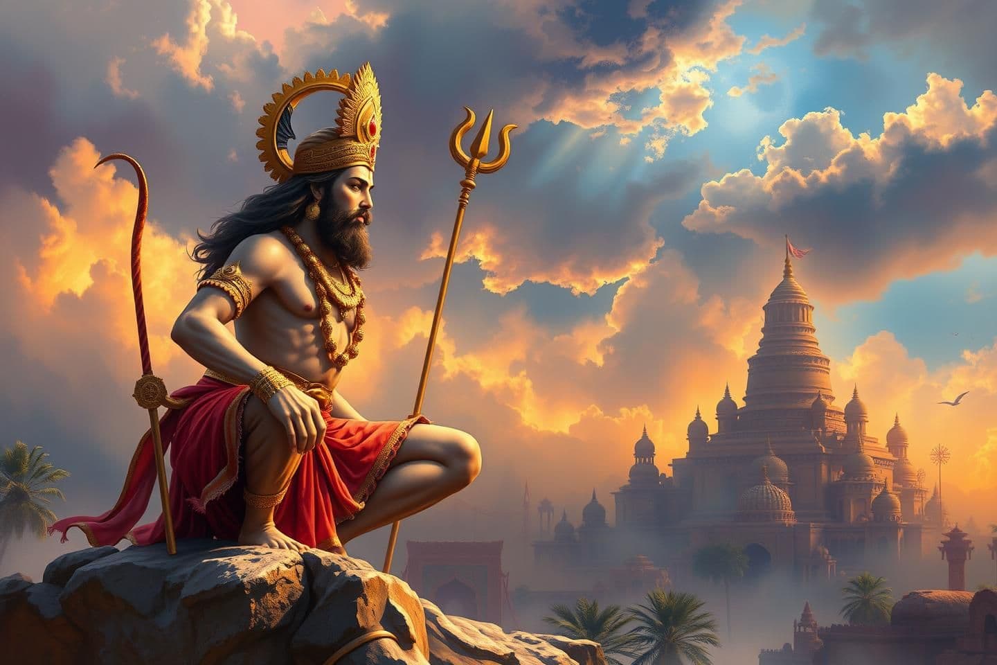 AI generated: IMPORTANT: Generate with all text in Hindi script only. Ravana was a very powerful warrior. He had imprisoned all the planets. Even all the gods stood before him with folded hands.