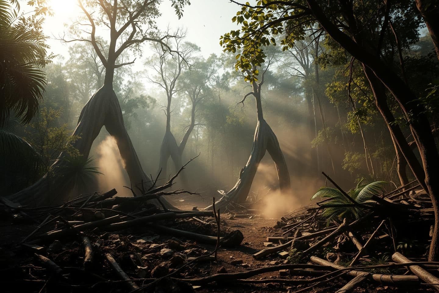 AI generated: A chaotic and destroyed jungle during the day, with no people in the scene. The forest is in ruins: broken trees, fallen branches, scattered debris, and dust floating in the air. S