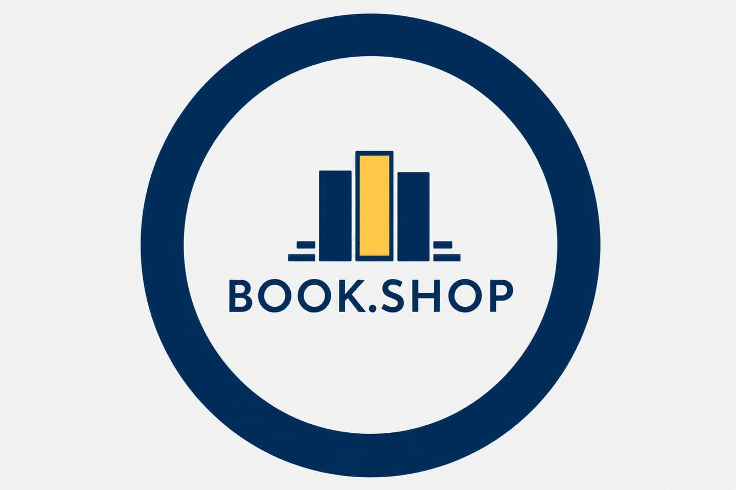 AI generated: Minimalist modern logo for a brand called "BOOK.SHOP", enclosed in a perfect circle. The design should feature a simple, elegant bookshelf icon with 2-3 books, integrated with the