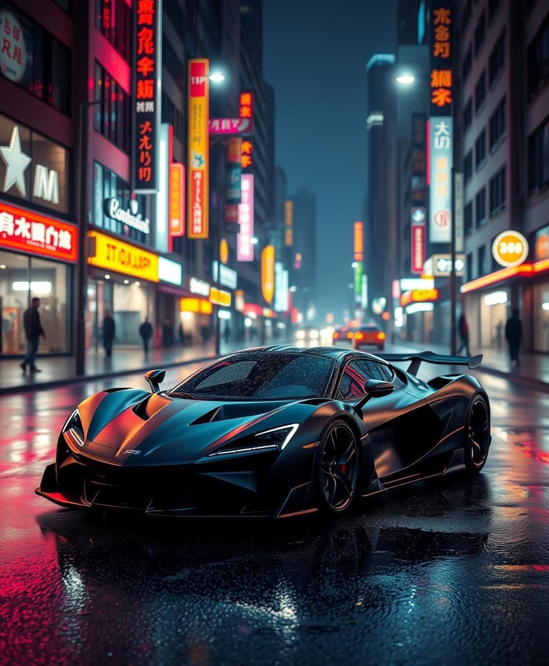 AI generated: A matte black hypercar, parked on the wet asphalt of a futuristic cyberpunk city street at night, reflections of neon signs shimmering on its body, cinematic atmospheric lighting,