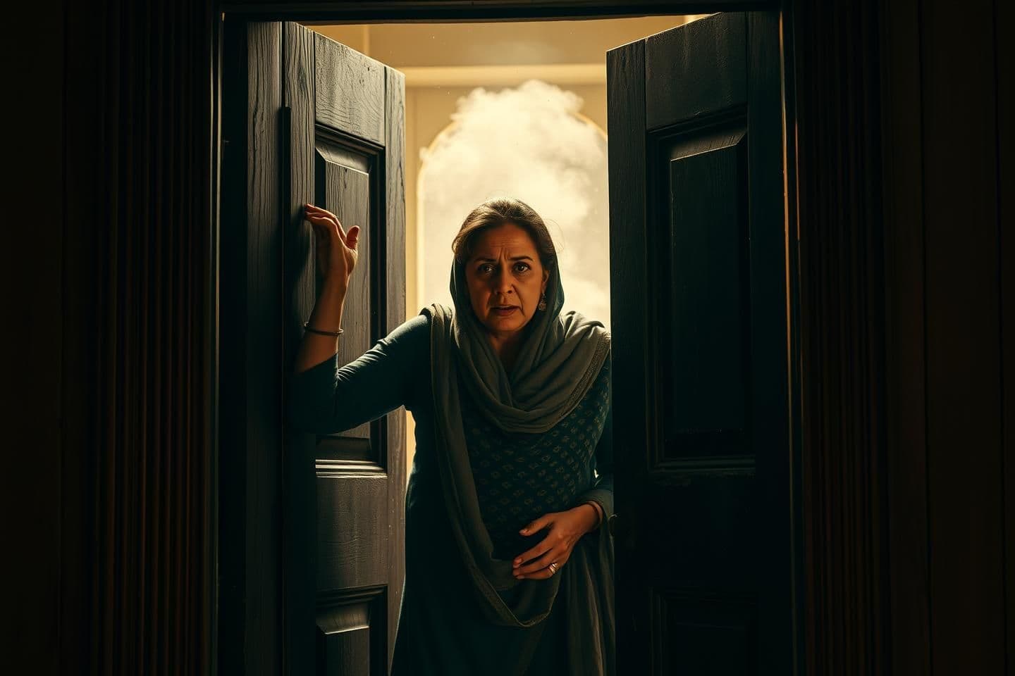 AI generated: Old wooden door bursting open violently, photorealistic Lara (30-year-old Pakistani woman from library) standing in the doorway with an angry expression, shouting at Sheeza, dust p