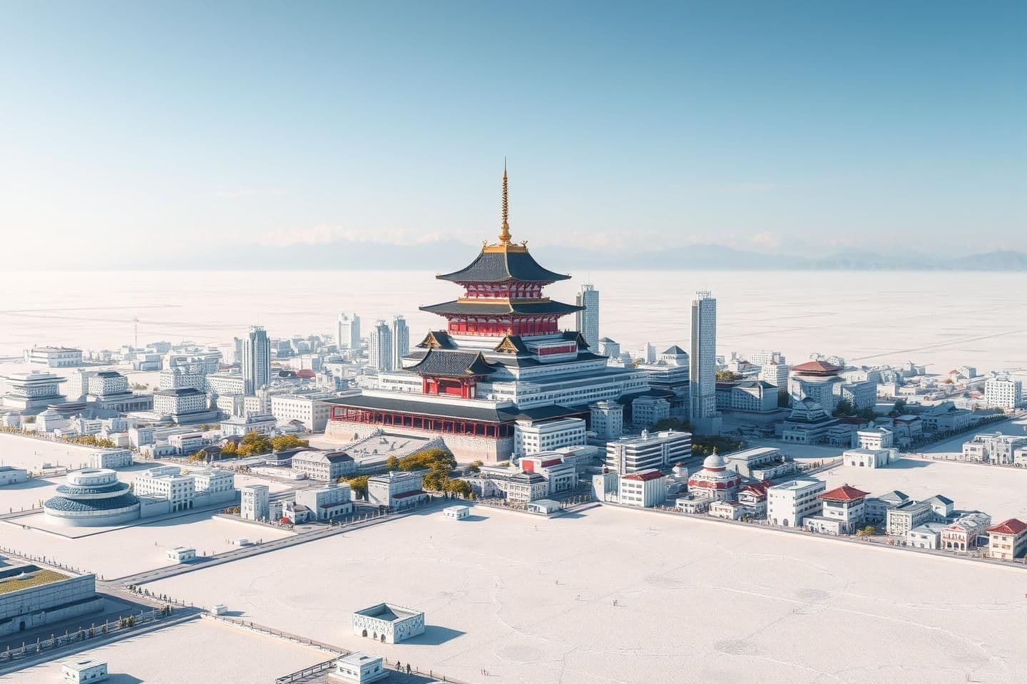 AI generated: Make an image of a massive city in a vast salt flat. This city should have modern buildings with slight hints of traditional Japanese architecture. Make sure it is lively and has a