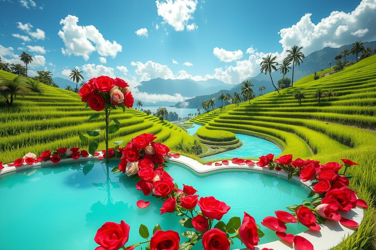 AI generated: In a high-quality realistic CGI style, a romantic heart-shaped pond blooms with vibrant red and white roses, set in lush green terraced rice fields with a winding turquoise river.