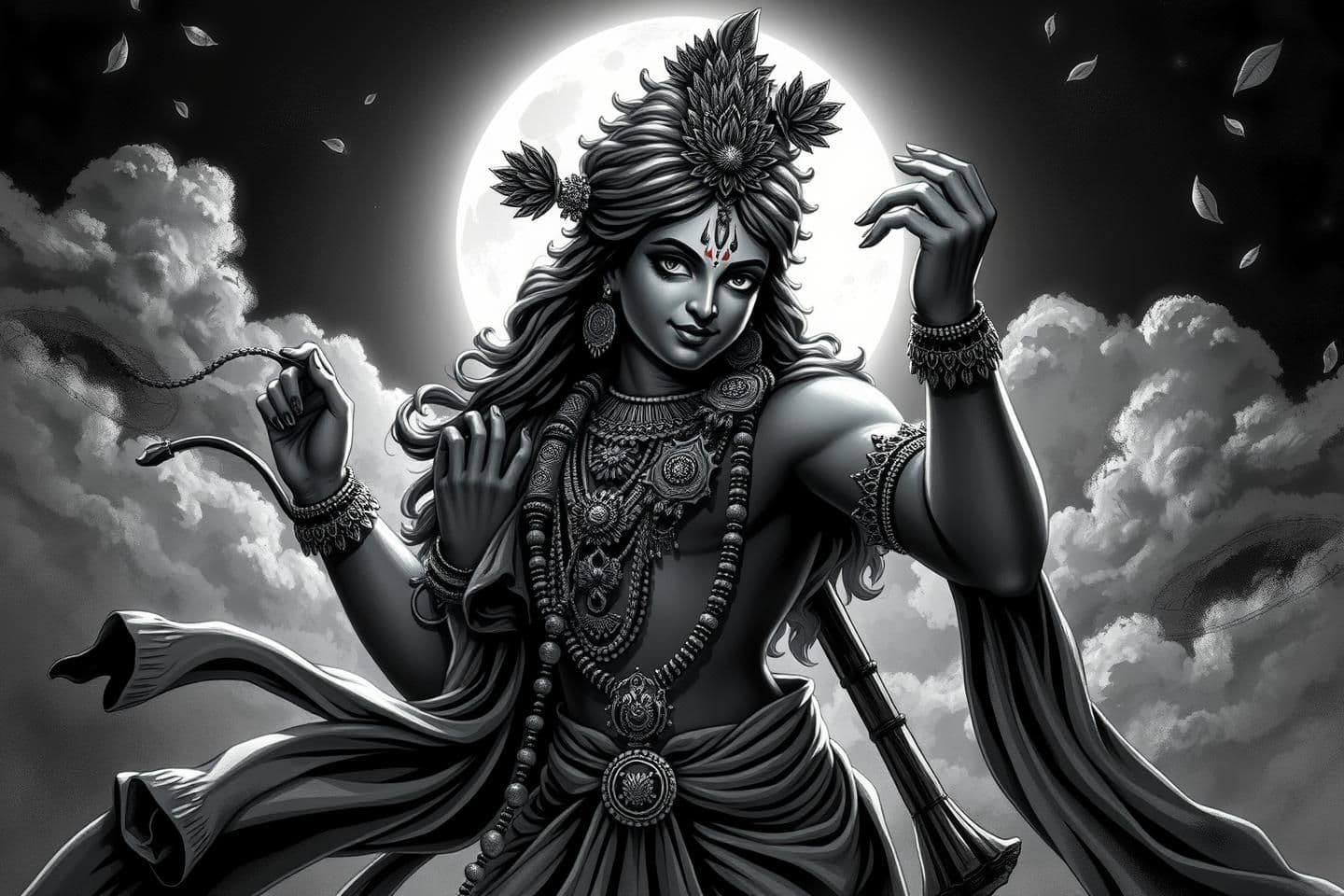 AI generated:
“Create a dramatic monochrome illustration of Lord Krishna in a dynamic pose under a glowing full moon. Show him adorned with detailed jewelry, sacred markings on the forehead, fl