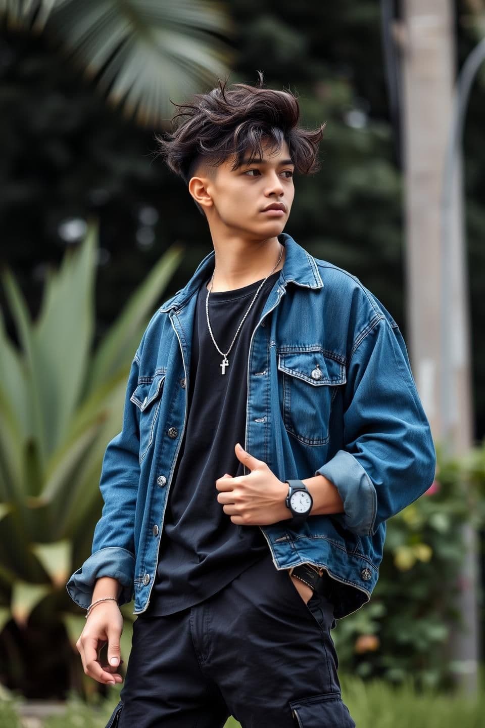 AI generated: 16K ULTRA-REALISTIC CREATE IMAGE. A STYLISH YOUNG MAN WITH MESSY VOLUME HAIR, ATTITUDE POSING OUTDOORS IN A VIBRANT NATURAL SETTING. Oversized Denim Jacket Black SHIRT BUTTON UP BO