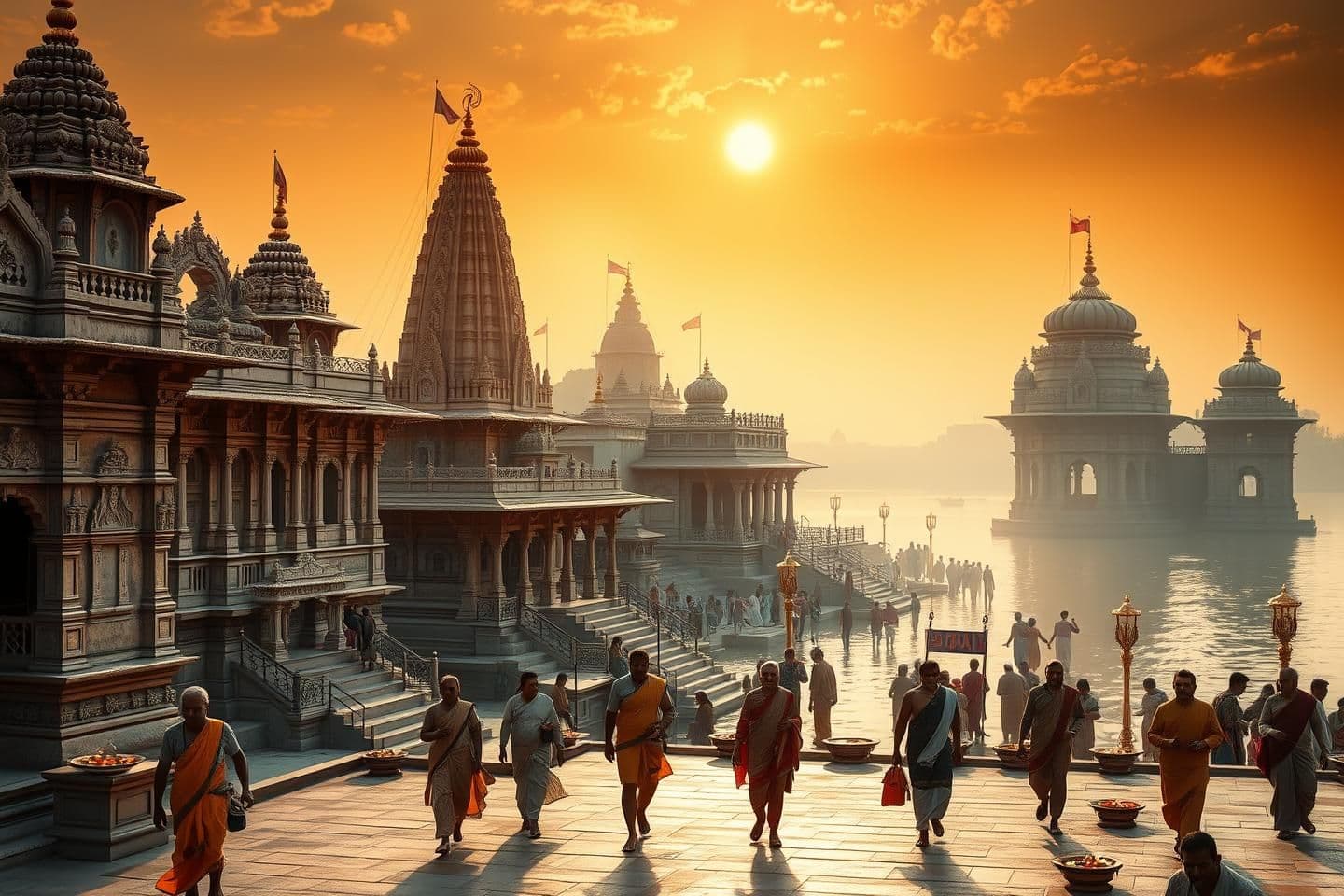 AI generated: A divine Indian scene showing sacred temple complexes of Kashi representing the Chaturdasha-ayatana, Ashta-ayatana, and Pancha-ayatana pilgrimage sites. Depict multiple authentic I