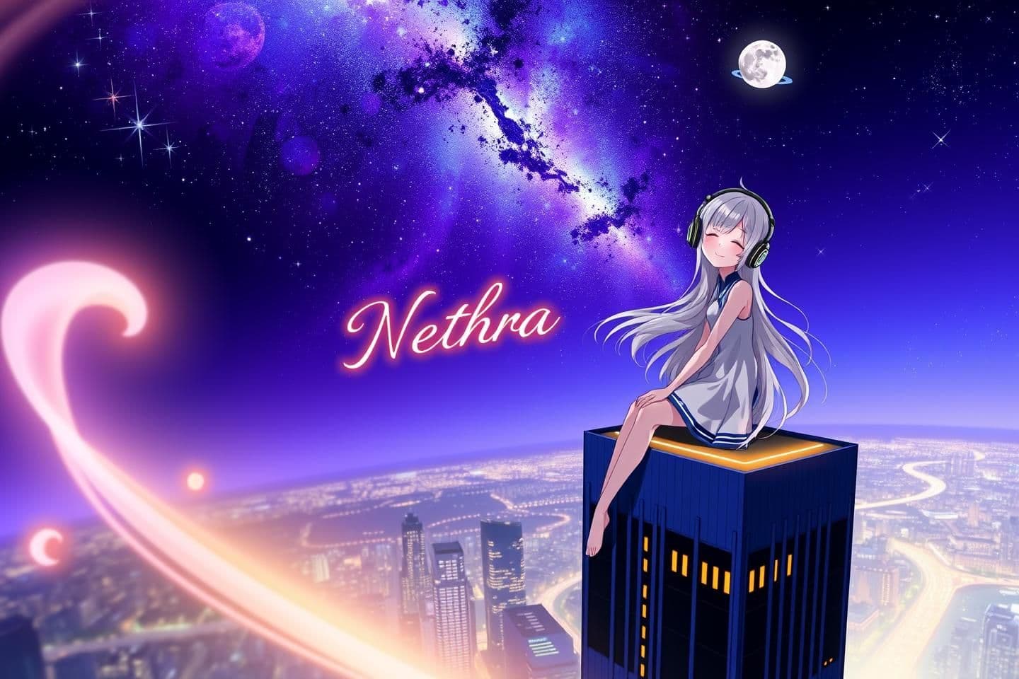 AI generated: Description :
An anime-style girl witg soft, flowing hair sitting gracefully on the edge of the highest skyscraper at night. She's wearing large, modern headphones, lost in mus