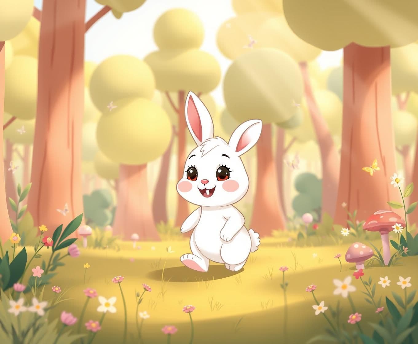 AI generated: “Cute baby rabbit named Riri, medium-sized, walking happily through a bright, cheerful forest. She has a joyful expression, soft pastel fur, big round eyes, and chubby cute proport