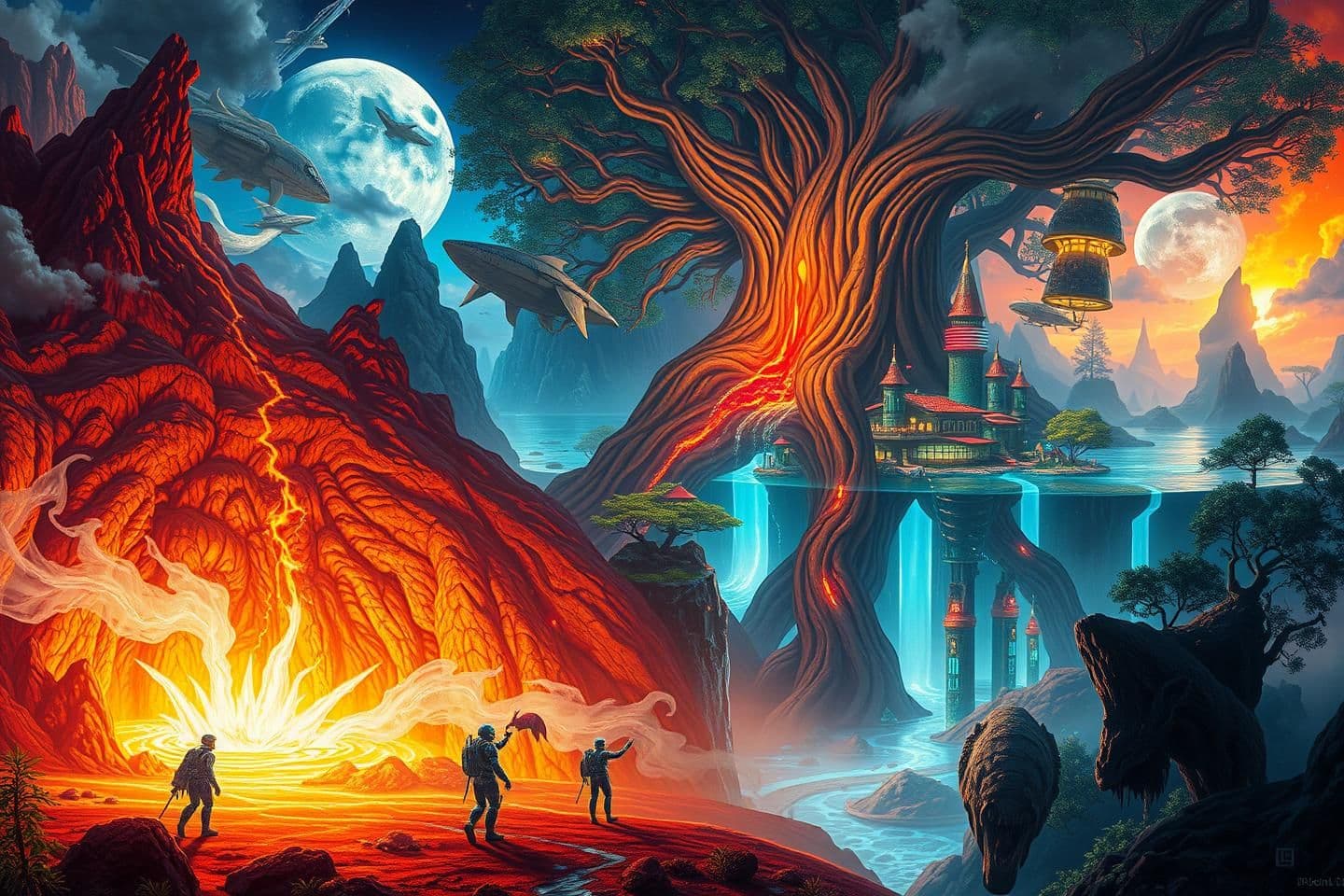 AI generated: "Create a futuristic fantasy landscape where the elemental forces of nature—fire, water, air, and soil—are vividly embodied in the environment: fiery volcanoes with glowing lava ri