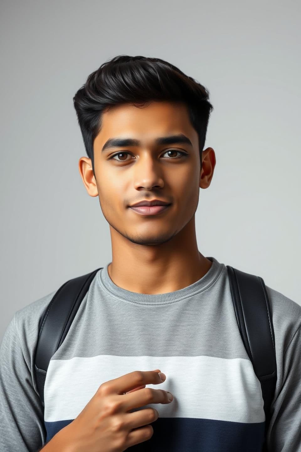 AI generated: “A high-resolution studio-style portrait of a 21-year-old man looking forward. Clean, soft studio lighting, sharp details, and natural skin texture. In the background, create a smo