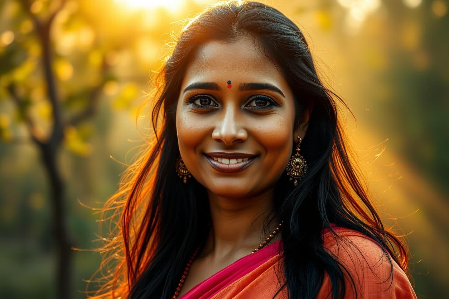 AI generated: A realistic portrait of an Indian woman symbolizing eternal love and peace, with warm wheatish skin tone, expressive deep brown eyes, soft natural makeup, long black hair flowing