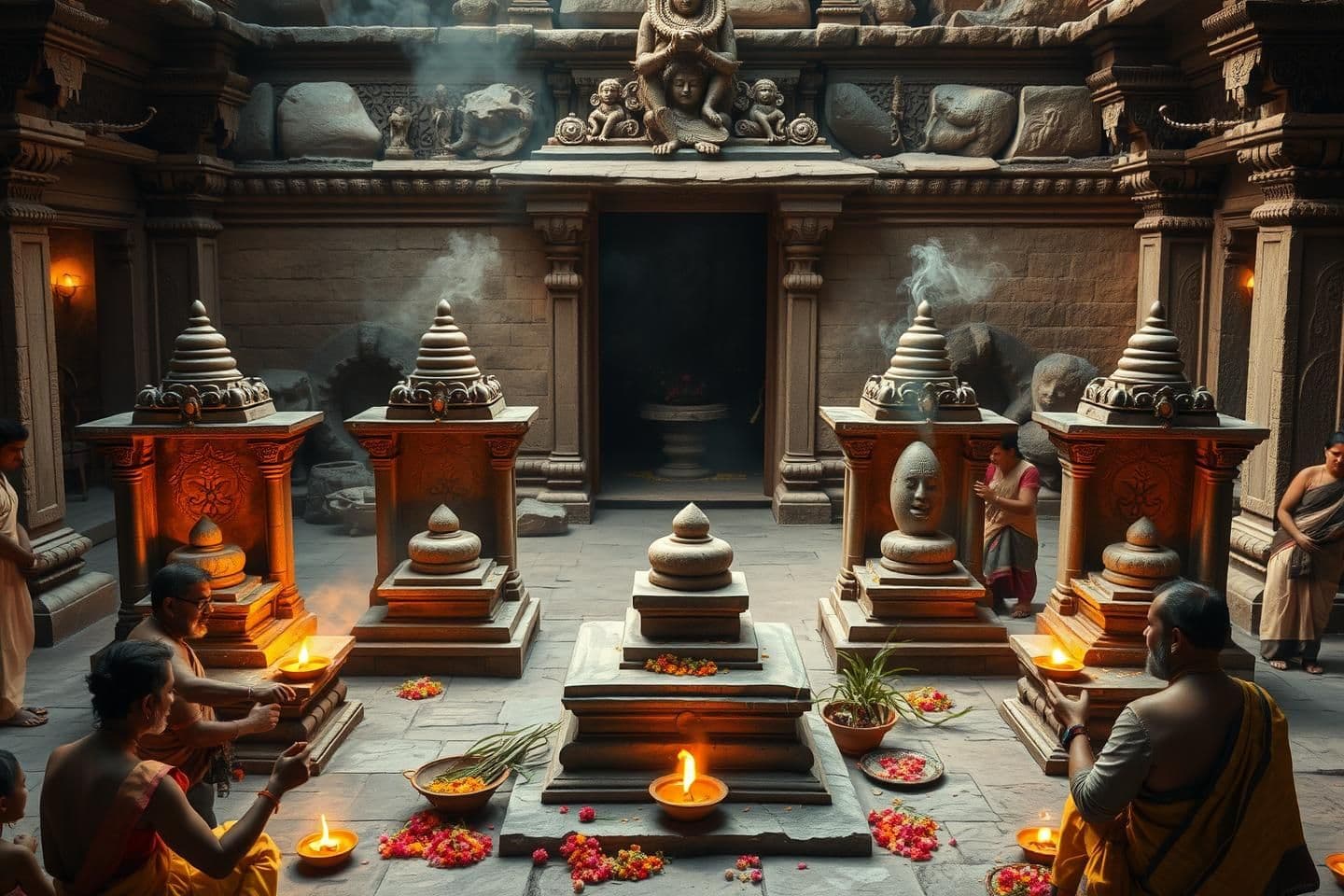AI generated: An ancient Indian spiritual scene showing multiple sacred Shiva Lingams representing Harishchandreshwar, Nairriteshwar, Ambarisheshwar, Shankukarṇeshwar, Kapardishwar, Angareshwar,