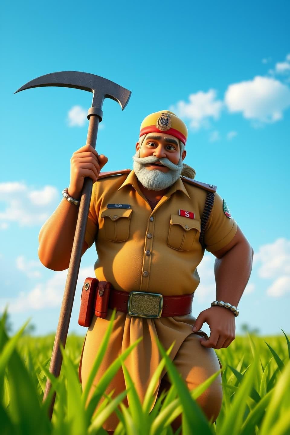 AI generated: Prompt:
A strong, muscular Indian farmer named Kisan Singham working in a lush green field under a clear blue sky with few clouds. He wears a traditional “Singham-style” police-in