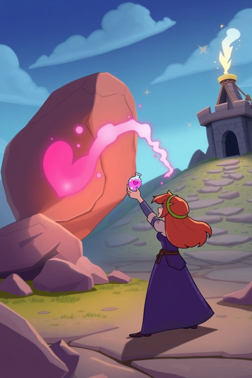 AI generated: A cartoon animation style scene showing the princess throwing a glowing pink love potion toward a large rocky boulder near the fort, the potion splashing against the stone, magica