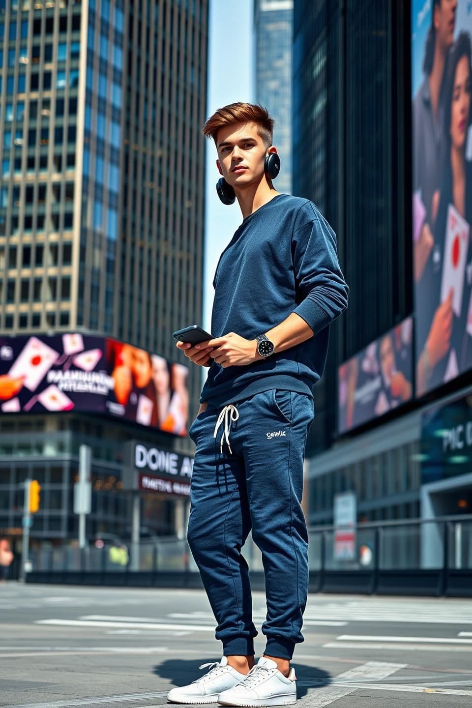 AI generated: Ultra-realistic urban portrait of the same young man (face - hairstyle exactly like the uploaded image), looking smart, modern, and youthful. He stands confidently near a luxurious