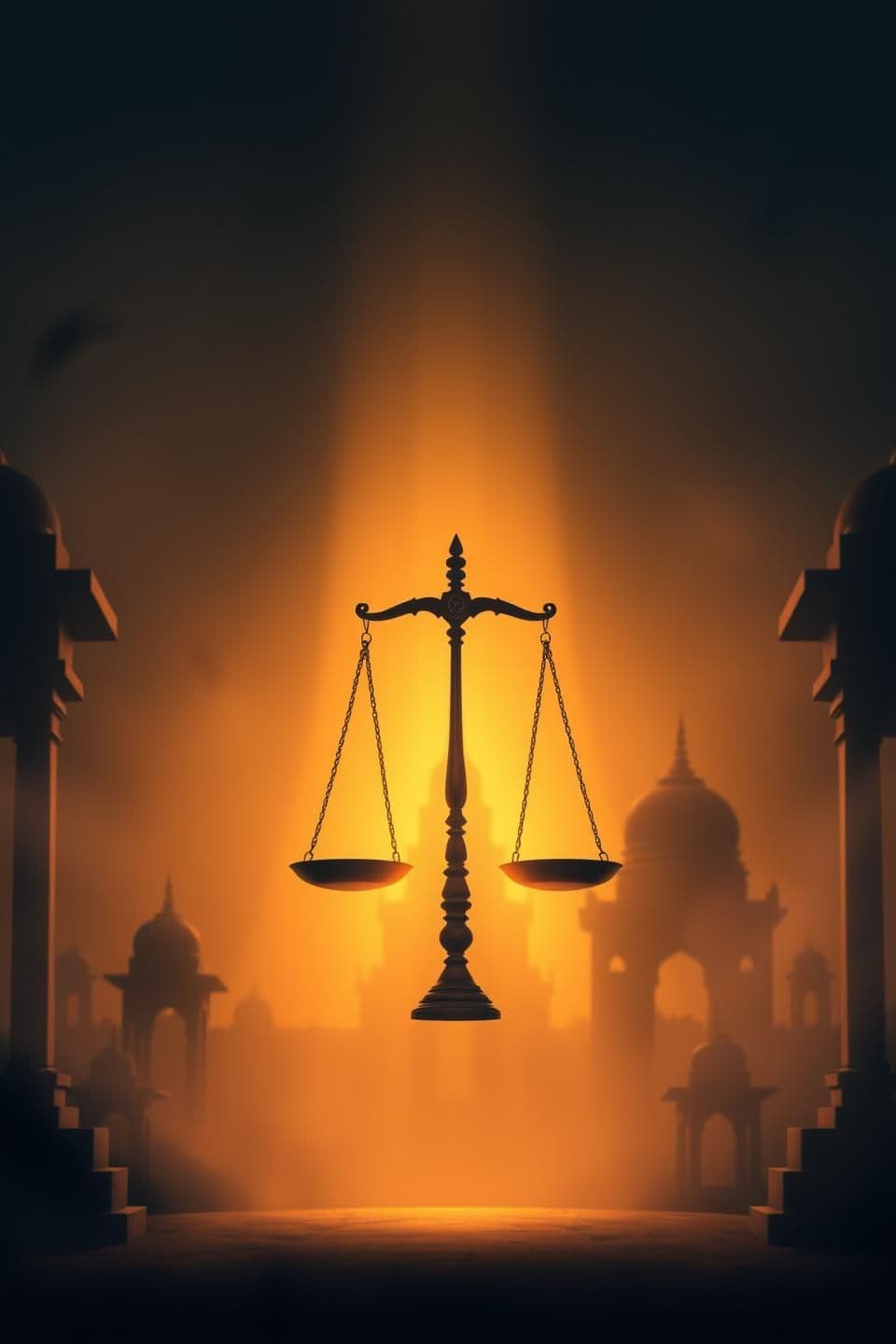 AI generated: A dramatic 9:16 illustration of a mystical ancient background with soft golden light and subtle temple silhouettes. At the center, a symbolic balance scale glowing faintly, represe