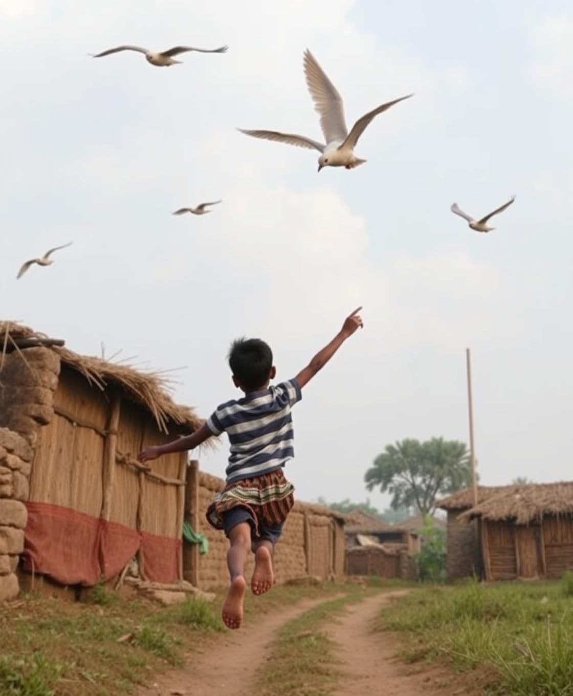 AI generated: IMPORTANT: Generate with all text in Hindi script only. The little boy had no expensive clothes or toys, but he did have a big dream. Running barefoot along the narrow village path