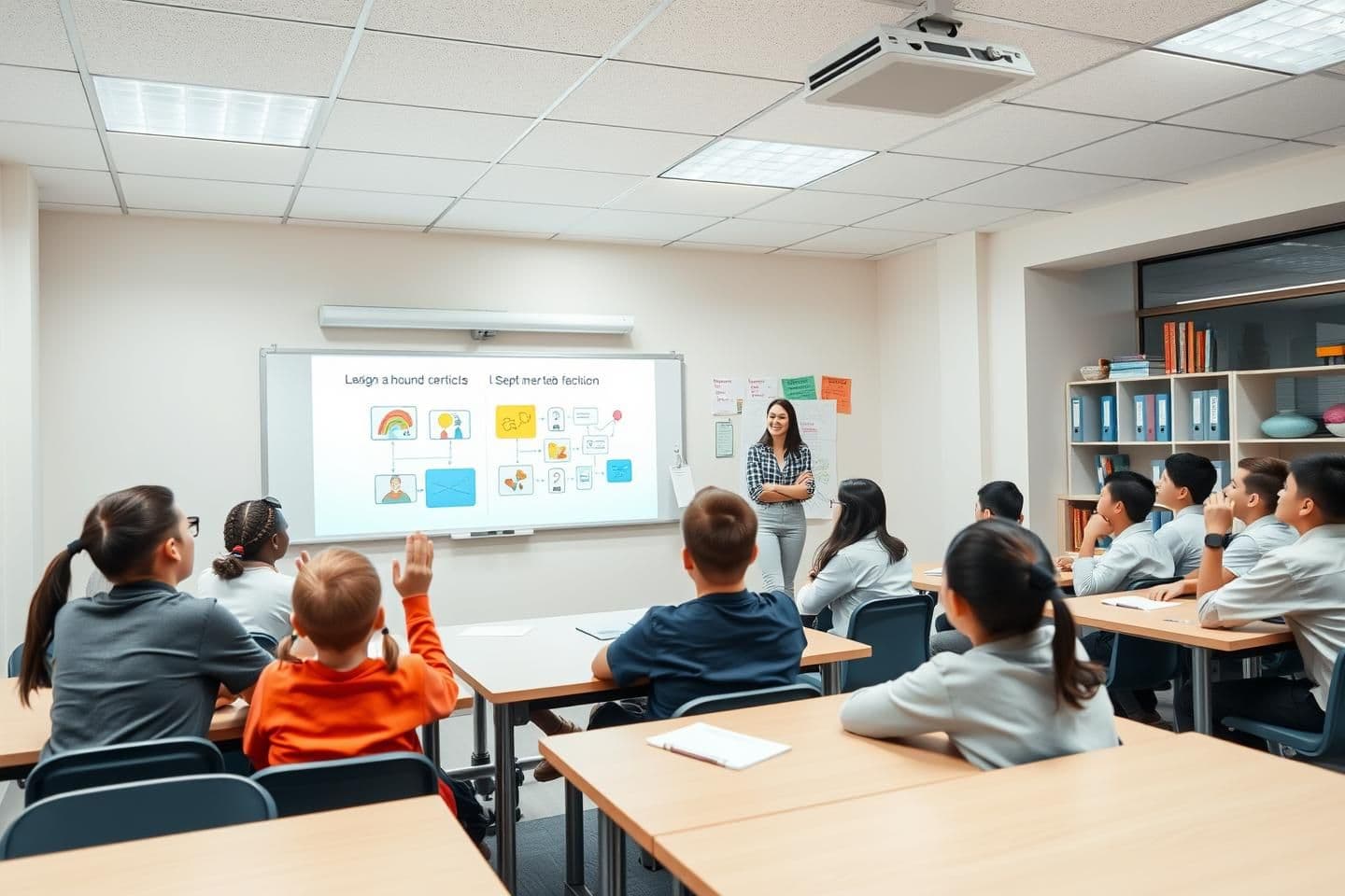 AI generated:
Bright, well-lit classroom with small batches of students. A friendly teacher explaining a concept on the board using visuals. Students interacting, raising hands, smiling. Clean