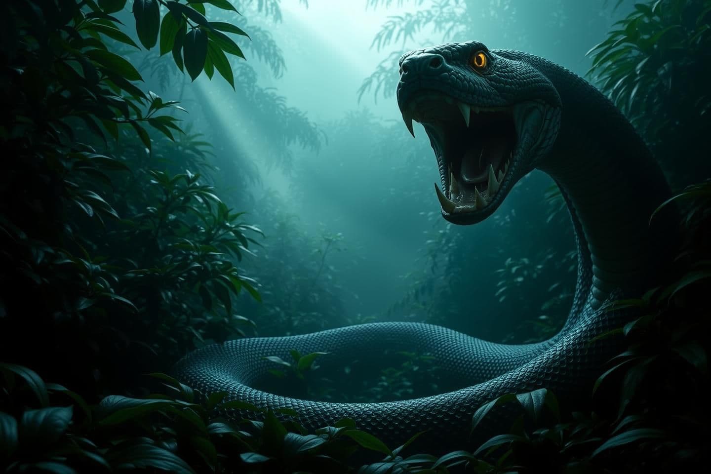 AI generated: Dense dark jungle filled with thick green plants and fog. A full-length dangerous snake completely visible from head to tail, positioned in the jungle. The snake has its mouth wide