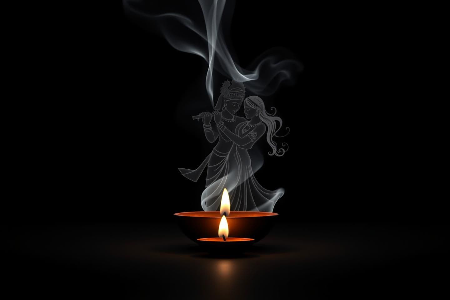 AI generated: A dark minimalistic background with a single glowing dhoopbatti / incense stick (or clay deepak lamp) placed at the center. Soft white sacred smoke rises gracefully from the flame