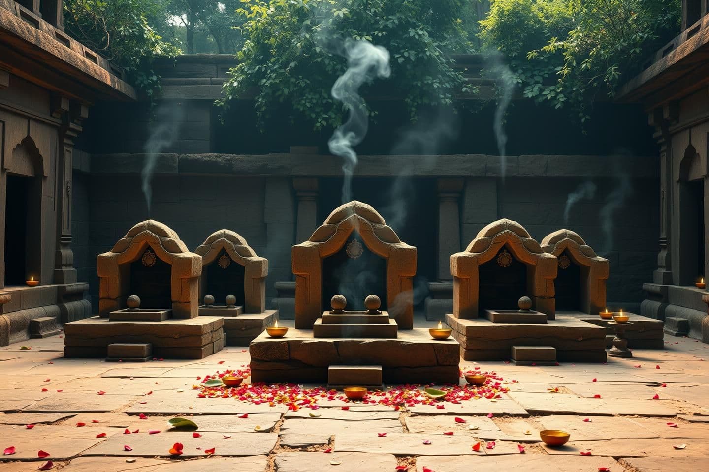 AI generated: A natural ancient Hindu temple courtyard inspired by traditional Rameshwar Ling shrines, but without South-Indian gopurams.
Show five sacred Shiva Lingams established by Shri Ram,