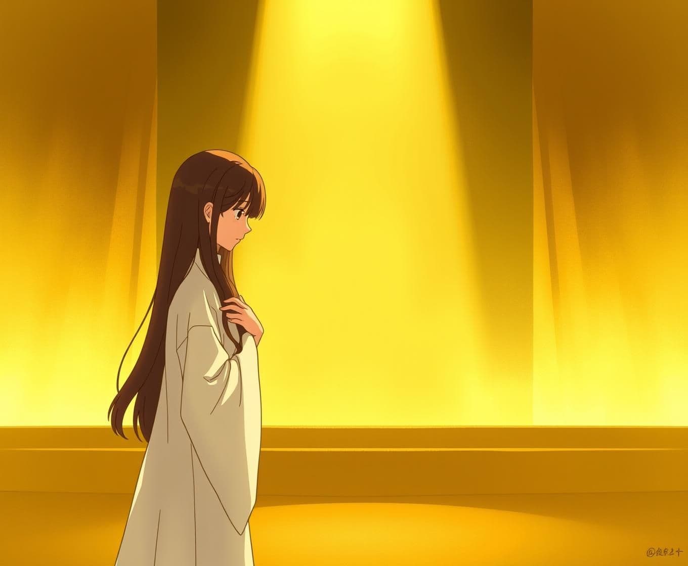 AI generated:
### 🖼️ Frame 1 – Opening Scene (0:00–0:07)
> *A soft golden stage under dim piano lighting. A young woman with long hair, tan skin, and brown eyes stands alone in a flowing whi