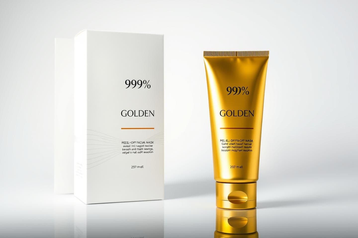 AI generated: {
"prompt": "A high-end studio product photo of a golden peel-off facial mask in a glossy metallic tube labeled '98% Golden – Peel Off Mask.' The tube stands upright in front of