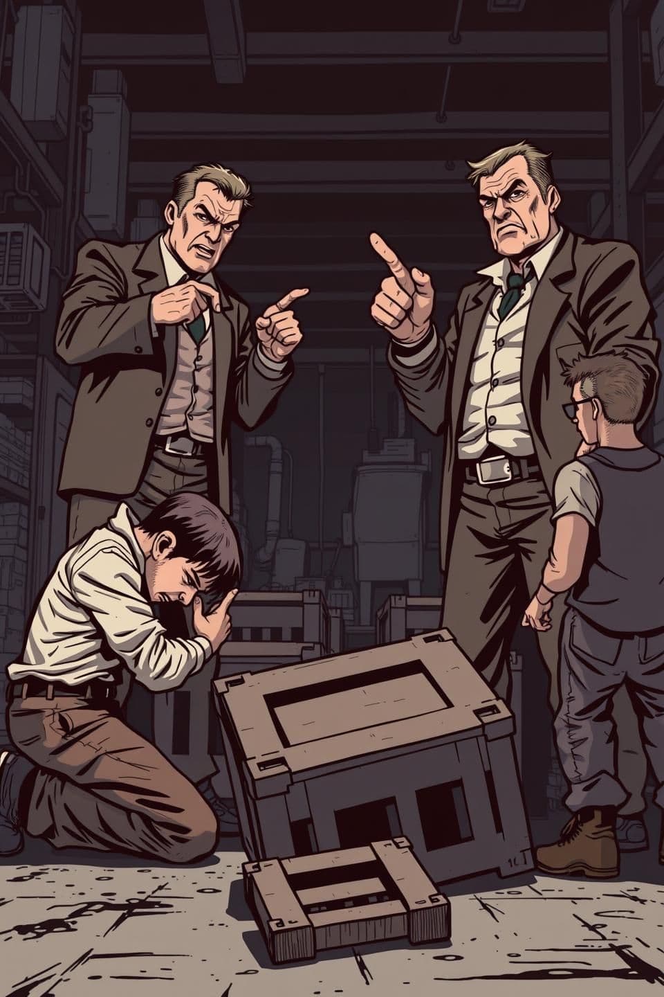 AI generated: A gritty, modern Western comic-style illustration showing supervisors shouting at overworked employees in a large, dark warehouse. The scene features intense, expressive character