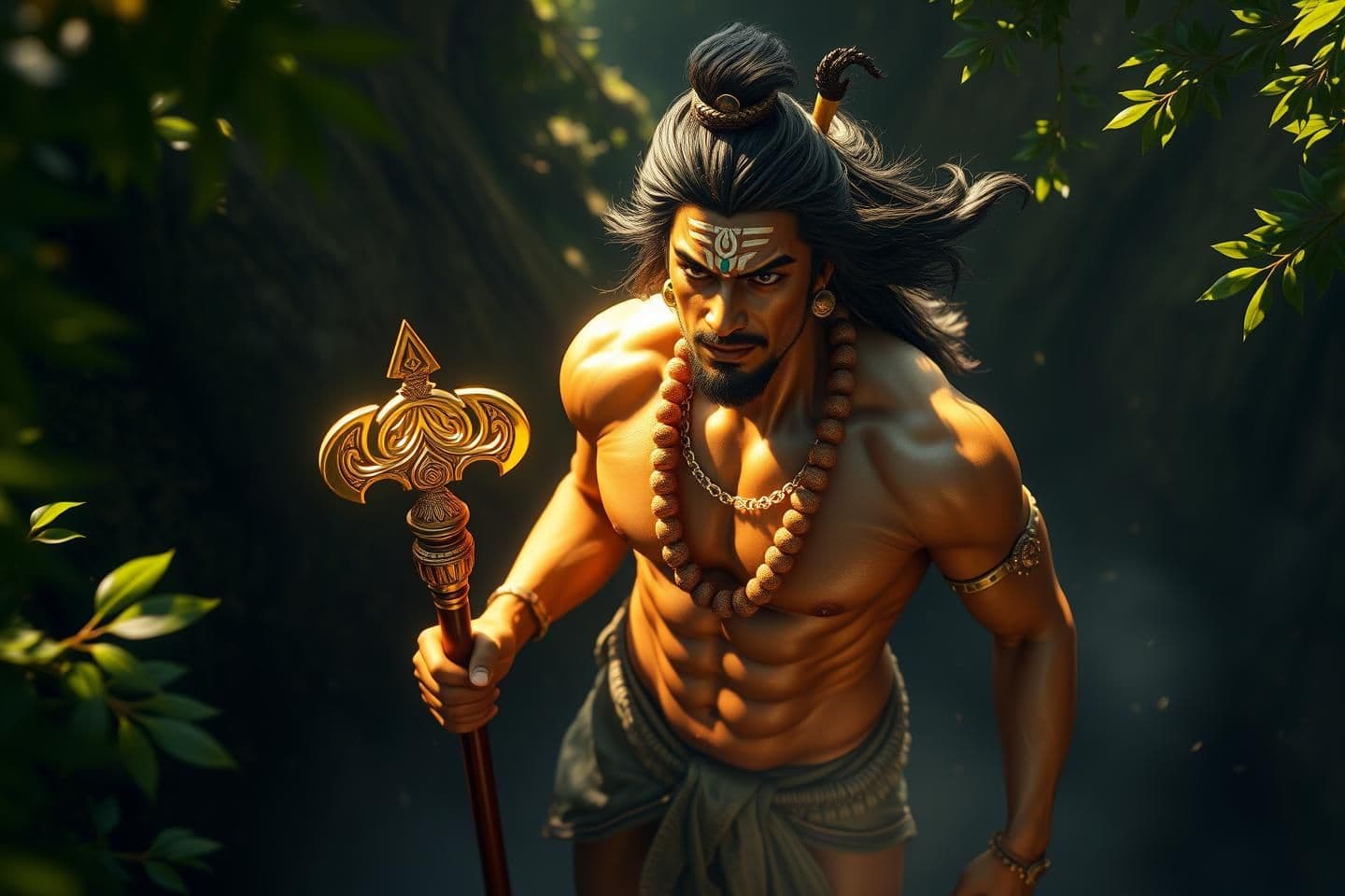 AI generated: Create an ultra-realistic, 8K cinematic artwork of Lord Hanuman standing in a real dense ancient forest. He has the physique of a powerful bodybuilder, with tensed, defined muscles