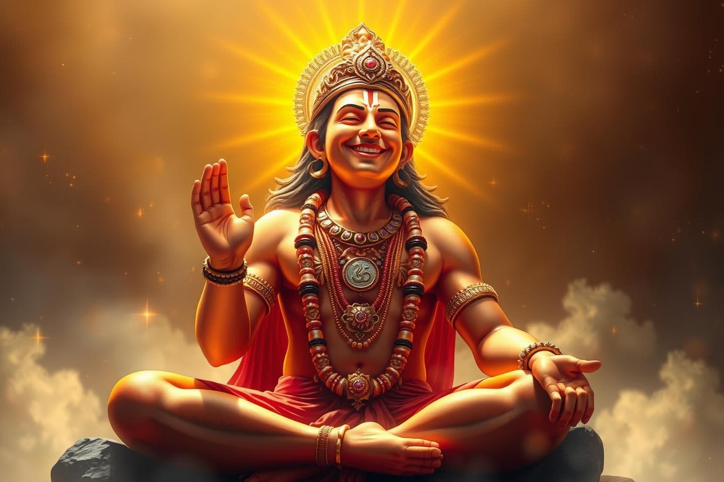 AI generated: An ultra-realistic, vibrant and devotional image of Shri Hanuman Ji. He is sitting joyfully, with eyes closed in deep meditation (bhakti), while chanting "Ram Naam Jay Jay Ram". Hi