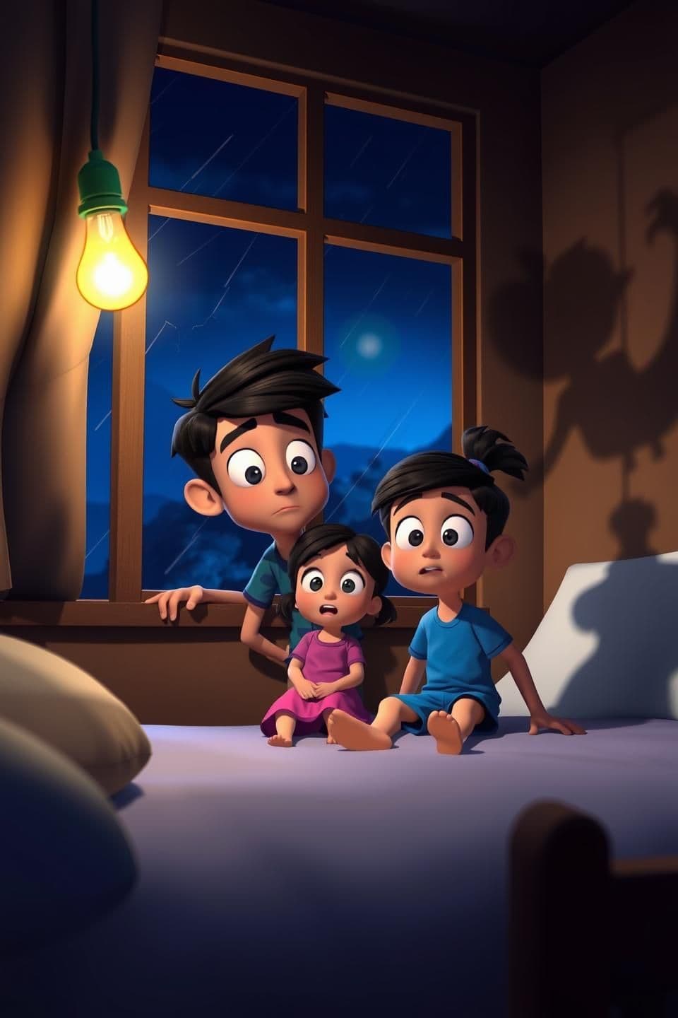 AI generated: 3D animated cartoon scene, night setting inside a kid’s room, window shaking from storm wind, flickering yellow light bulb, shadows moving on walls.
Characters:
Aarav (10 yrs): me