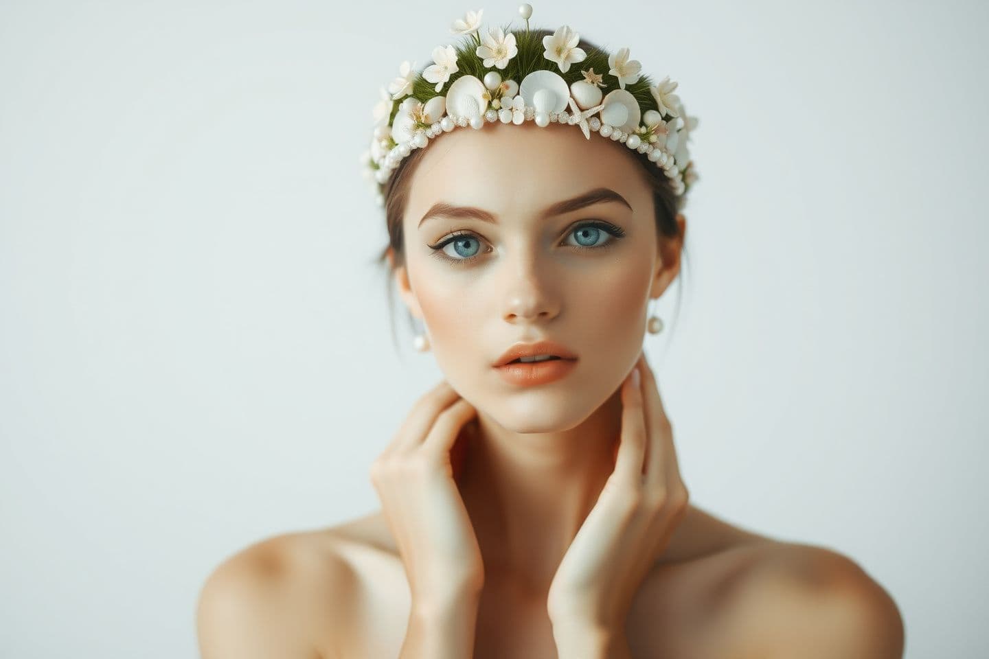 AI generated: A young woman with a small floating garden above her head, tiny flowers and grass gently hovering, soft daylight, dreamy surreal beauty, clean background an elegant crown made of s