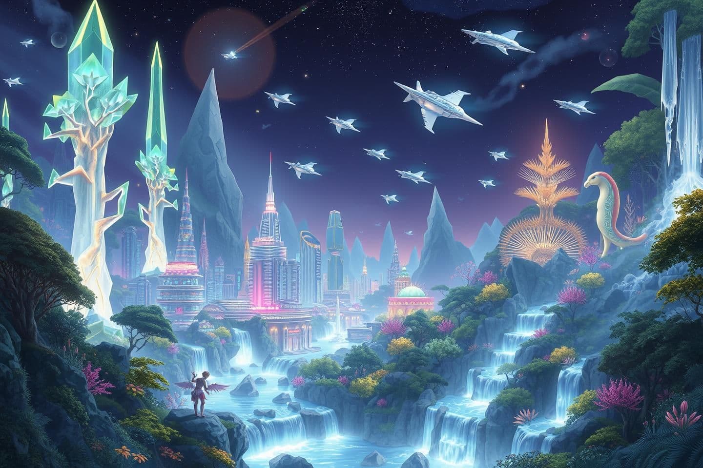 AI generated: Illustrate a futuristic world where nature and advanced technology coexist harmoniously. Depict towering crystal trees with bioluminescent leaves illuminating a sprawling city buil