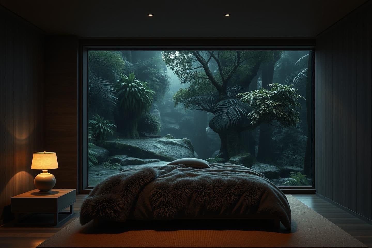 AI generated: An ultra-realistic luxurious nighttime bedroom with dark neutral walls in deep charcoal and warm muted brown tones, creating a rich cozy atmosphere. The room is clean, elegant, and
