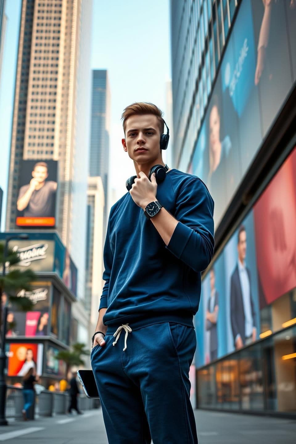 AI generated: Ultra-realistic urban portrait of the same young man (face - hairstyle exactly like the uploaded image), looking smart, modern, and youthful. He stands confidently near a luxurious