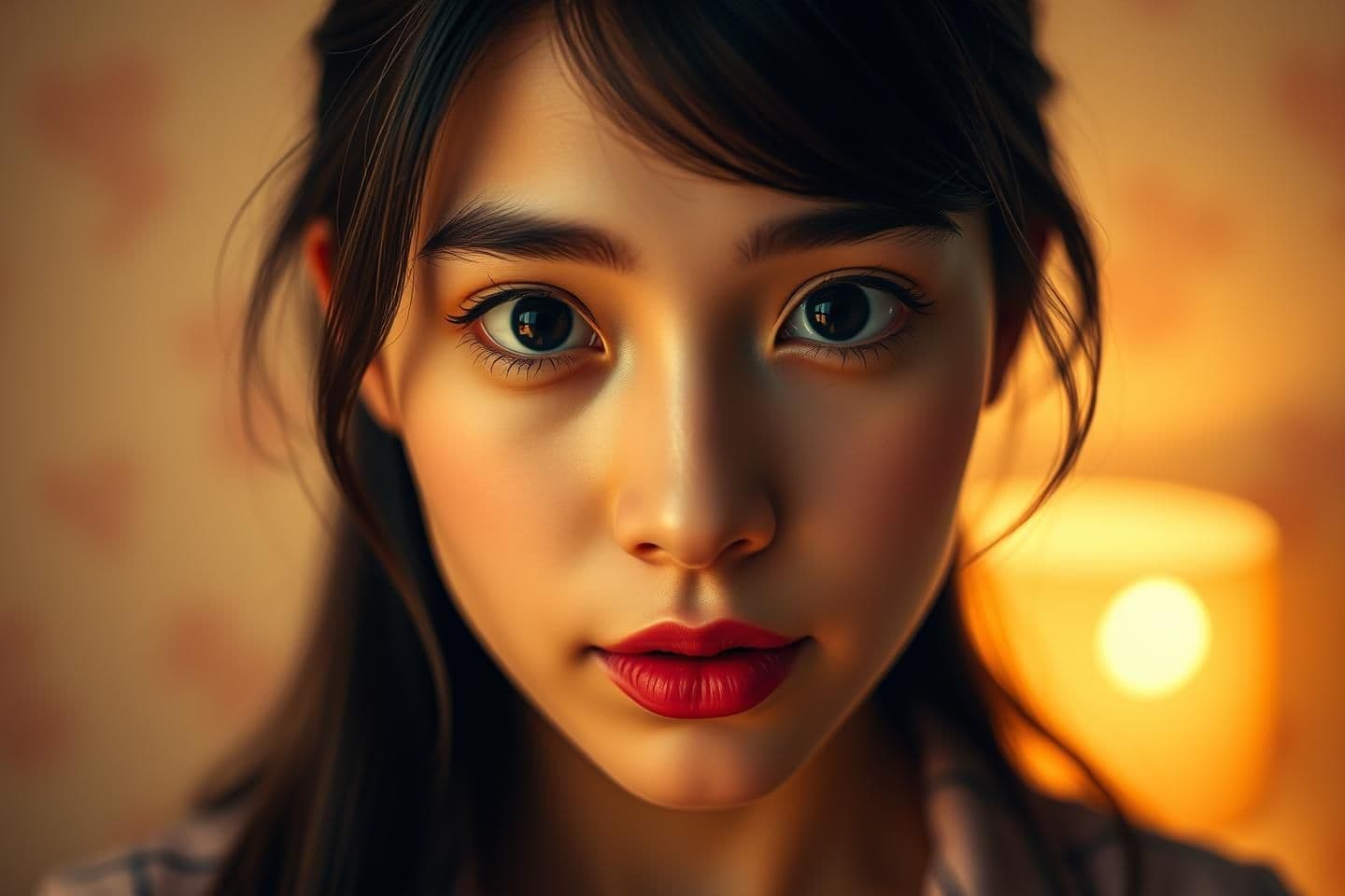 AI generated: Ultra-realistic close-up portrait of a 25-year-old young girl narrating her love story in a straight, front-facing pose. Her face is captured very close to the camera, showing deep